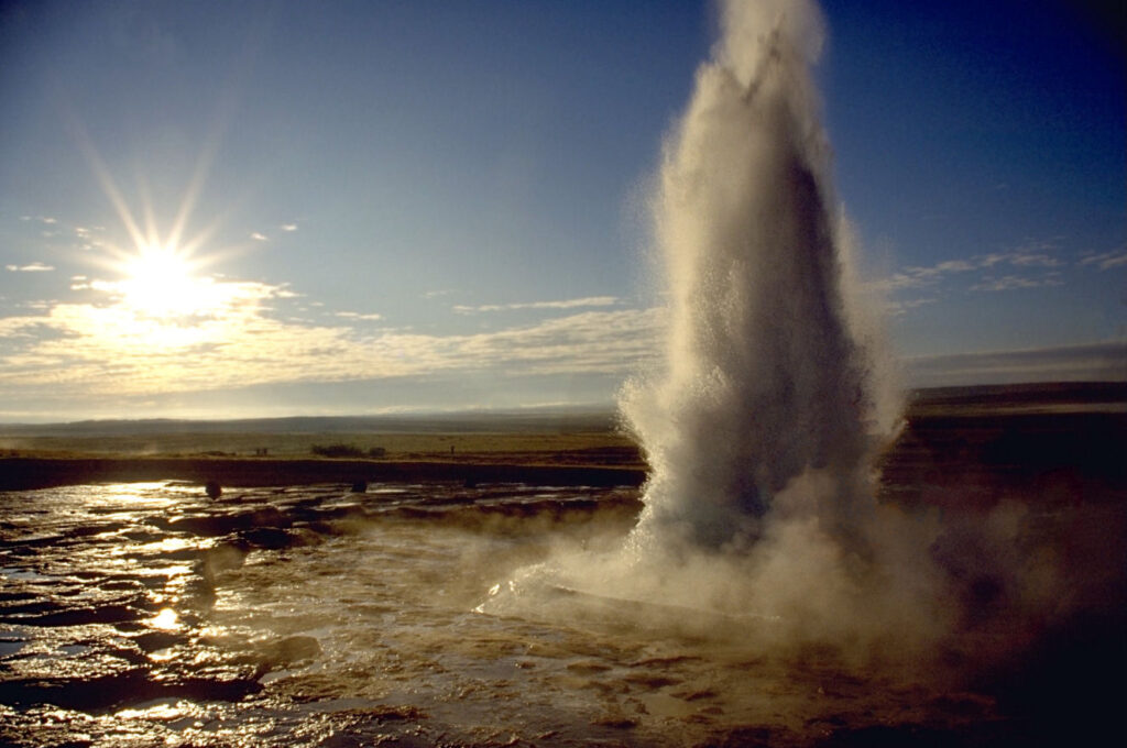 Photograph of Strokkur geyser erupting in Iceland