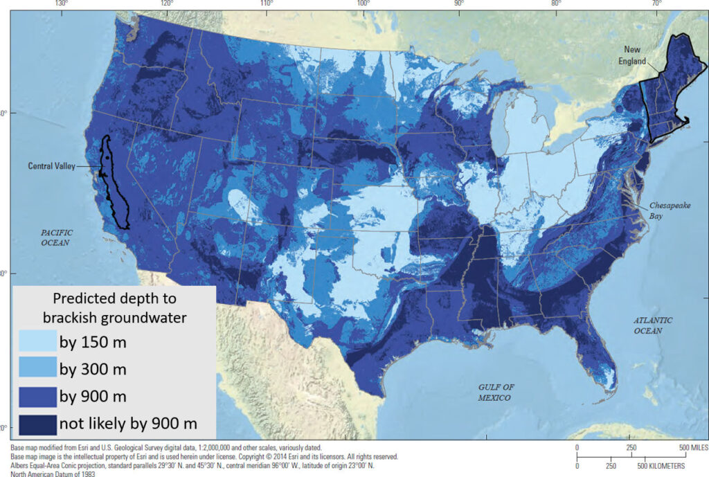Map showing estimated depth to brackish water on the continental United States