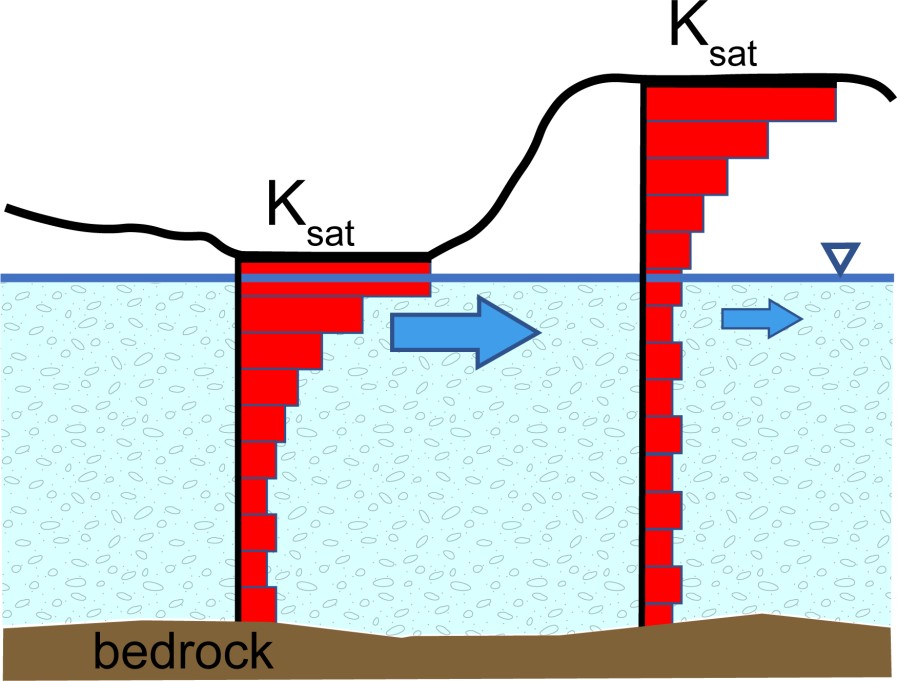 Identical (arbitrary) hydraulic conductivity profiles with depth below the surface under a hollow (left) and hummock (right) result in much higher transmissivity beneath hollows when the water table is near the hollow surface. Similarly shaped hydraulic conductivity profiles are observed in fen ridge and flark systems as shown in Figure 4.