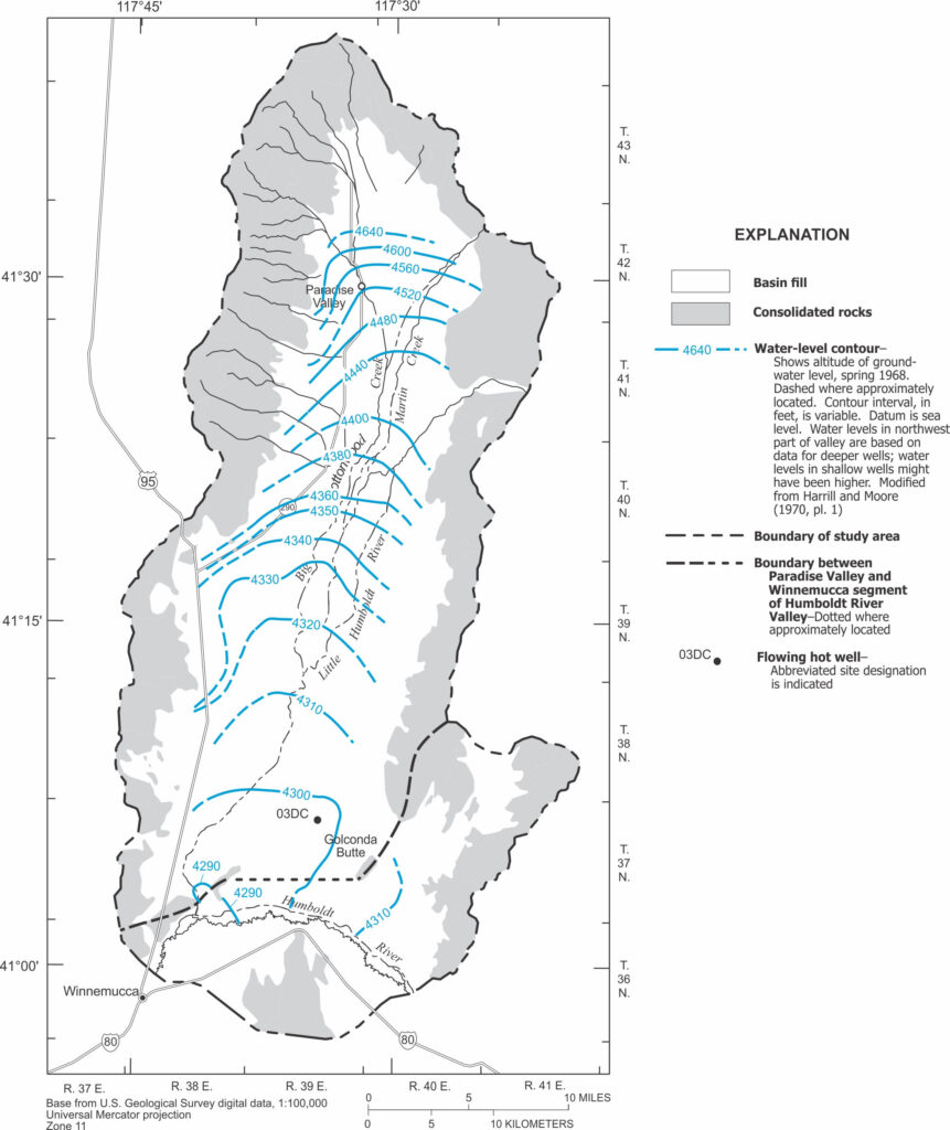 Map showing groundwater levels in Paradise Valley, Nevada