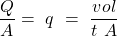 \displaystyle \frac{Q}{A}=\ q\ =\ \frac{vol}{t\ A}