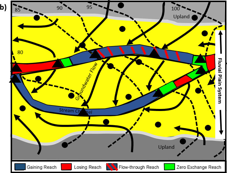 Figure showing groundwater flow and exchange in portions of reaches defined as gaining, losing, flow-through and zero-exchange