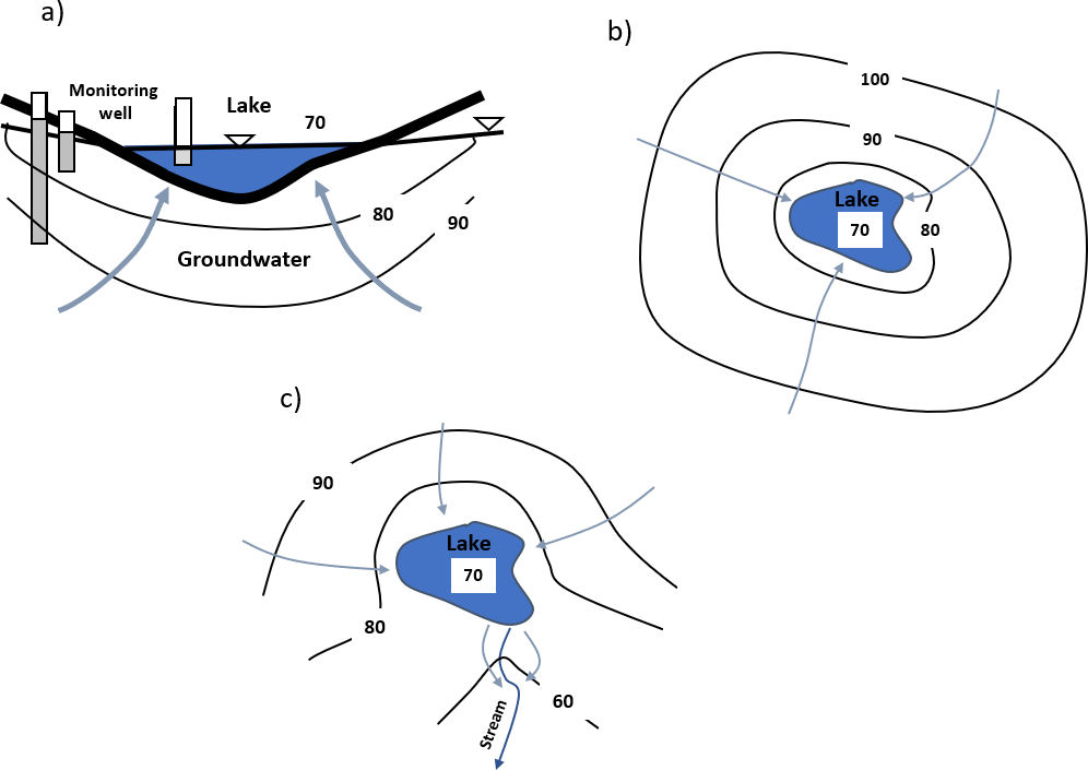 Cross section and map views of effluent (gaining) lake exchange