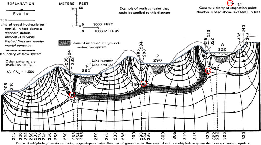 Figure showing cross section of groundwater flow in a topography with hills and lakes