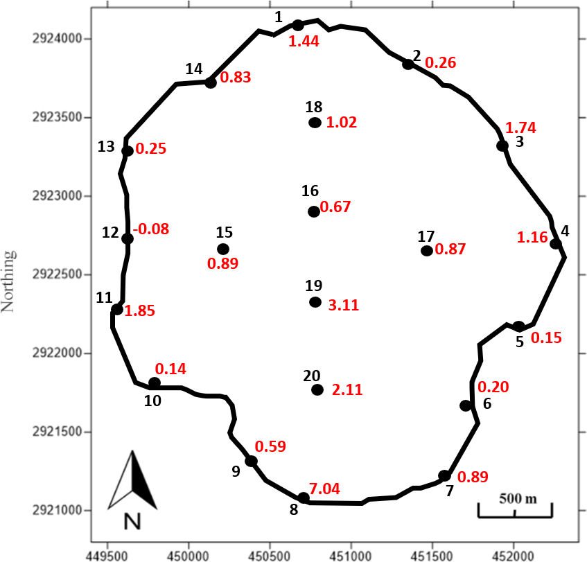 Plot of mean seepage values on base map