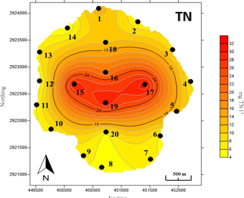 Contours of mean total N concentration