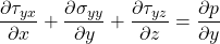\displaystyle \frac{\partial \tau _{yx}}{\partial x}+\frac{\partial \sigma _{yy}}{\partial y}+\frac{\partial \tau _{yz}}{\partial z}=\frac{\partial p}{\partial y}