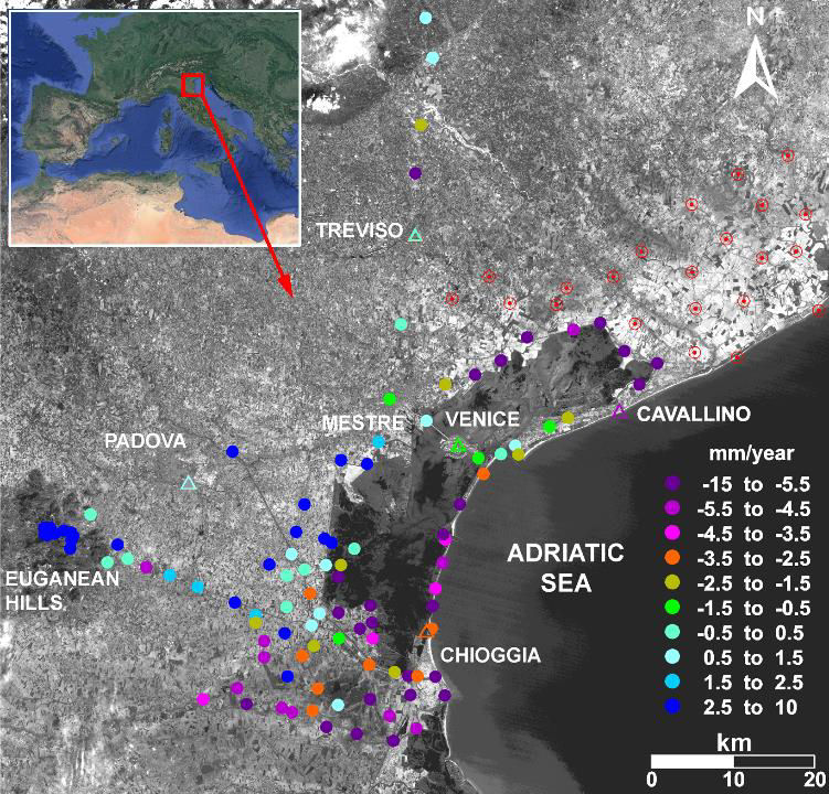 LANDSAT image of the Venice region (Italy) with the GNSS and C‑GNSS networks.