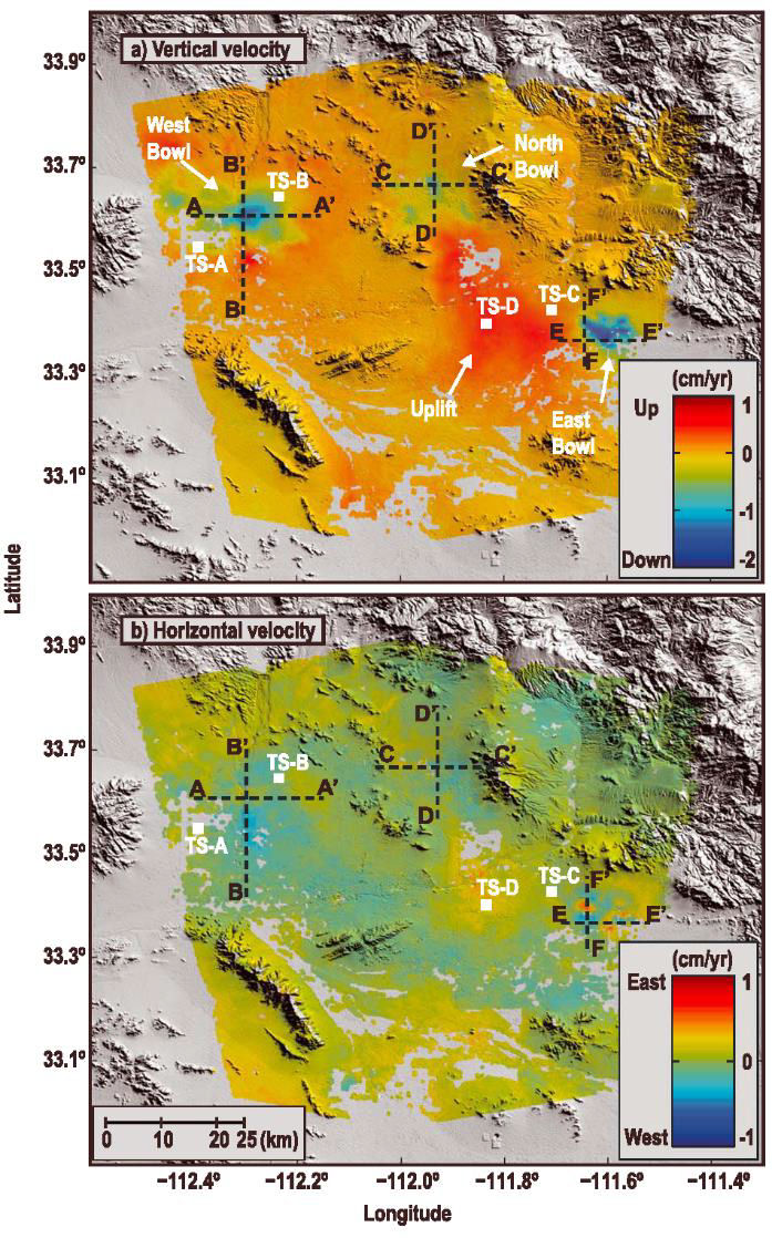 In the Phoenix, Arizona, USA metropolitan area: a) vertical and b) horizontal velocity maps from ENVISAT ascending and descending combined data sets