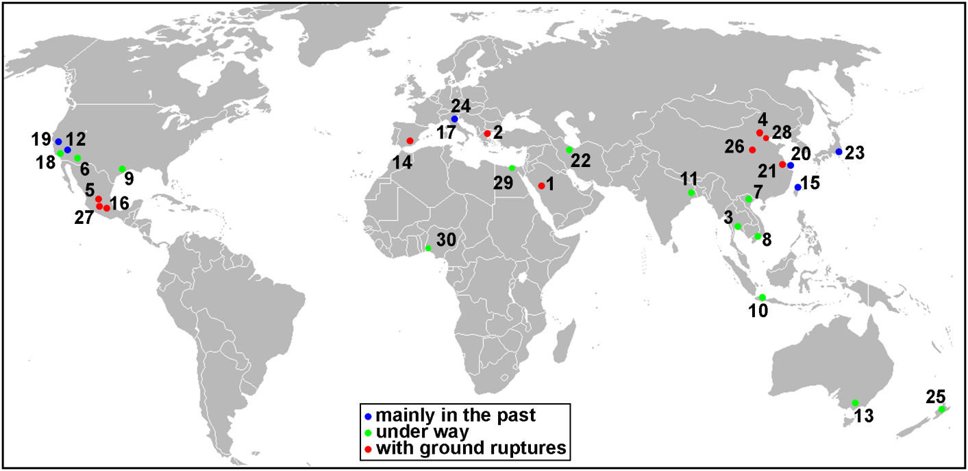 Map showing major worldwide areas of anthropogenic land subsidence due to groundwater withdrawal.