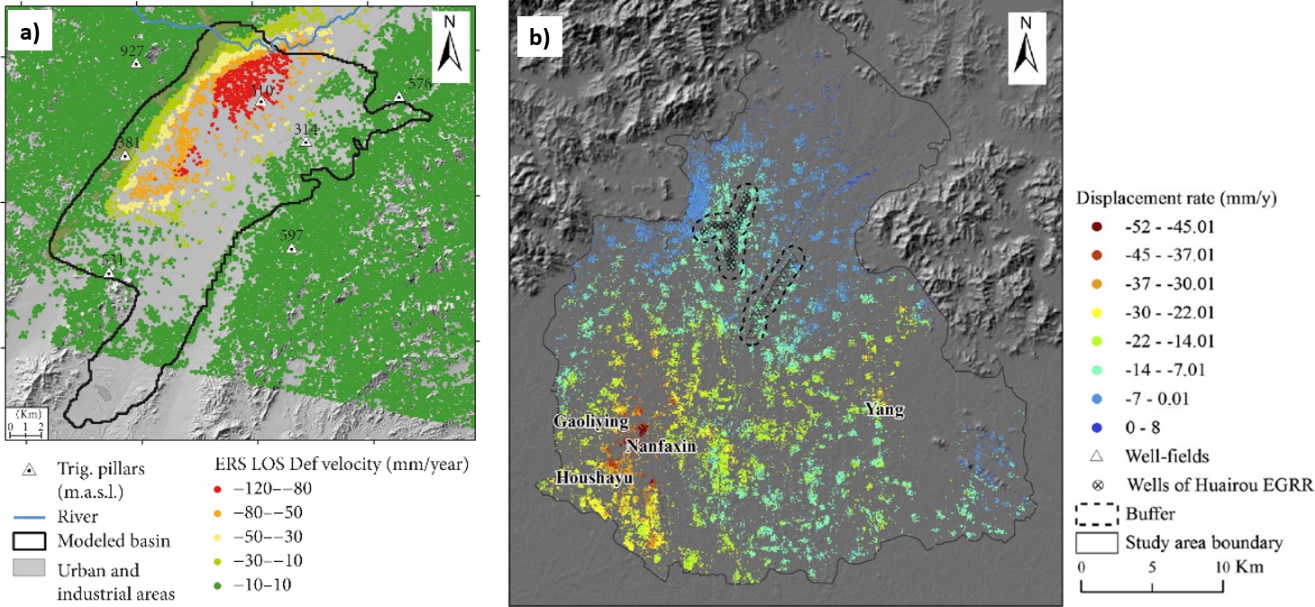 a) Alto Guadalentín Aquifer (SE Spain): LOS deformation velocities from ERS data (C‑band, 1992–2000). b) Northern Beijing plain, China: average displacement rate detected by IPTA from June 2003 to January 2010.