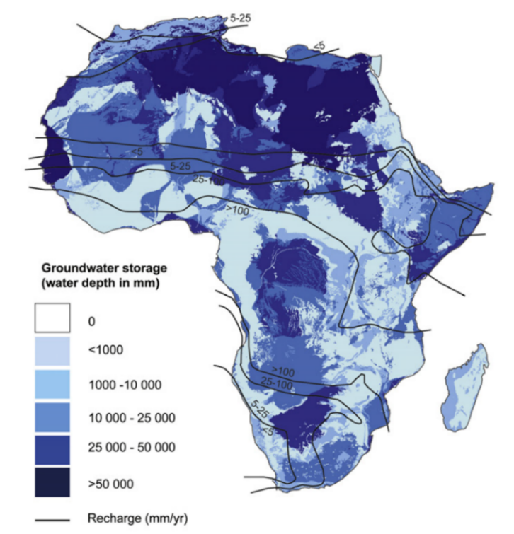 Map showing estimated equivalent depth of recoverable water stored in Africa’s aquifers