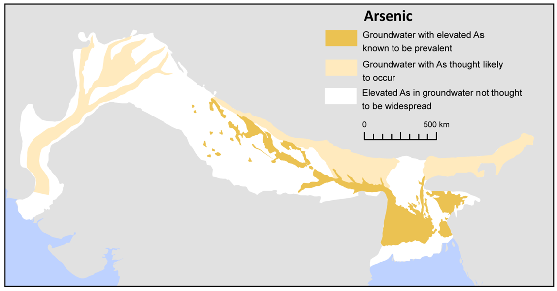 Map showing known or expected levels of arsenic in shallow groundwater in the Indus-Ganges-Brahmaputra Aquifer System