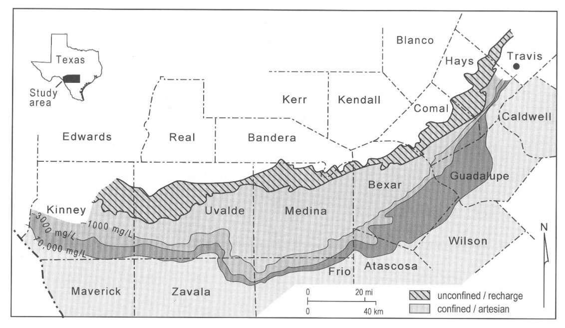 Map of the bad-water transition zone in the San Antonio segment