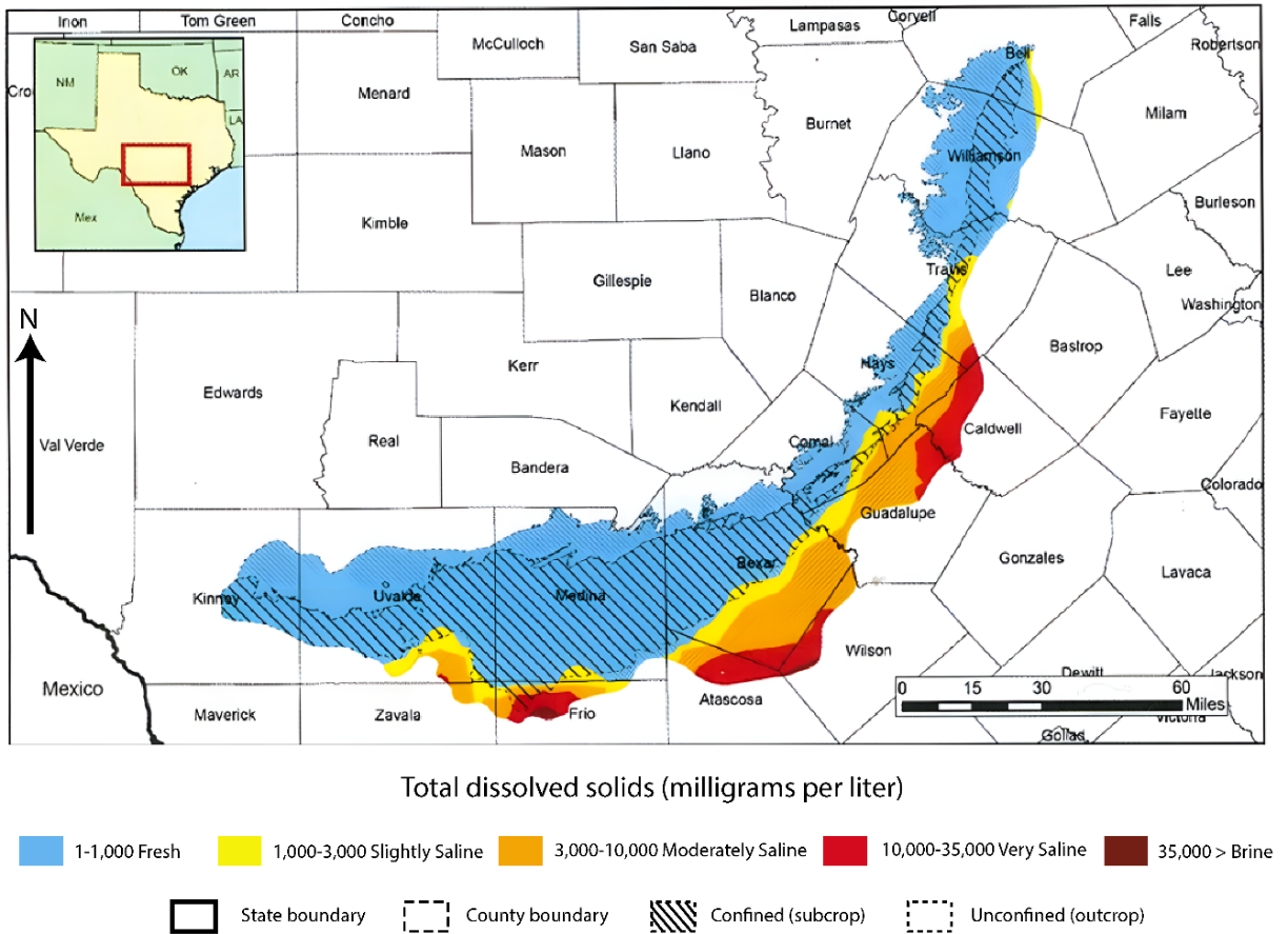 Map illustrating total dissolved solids in the Edwards Aquifer