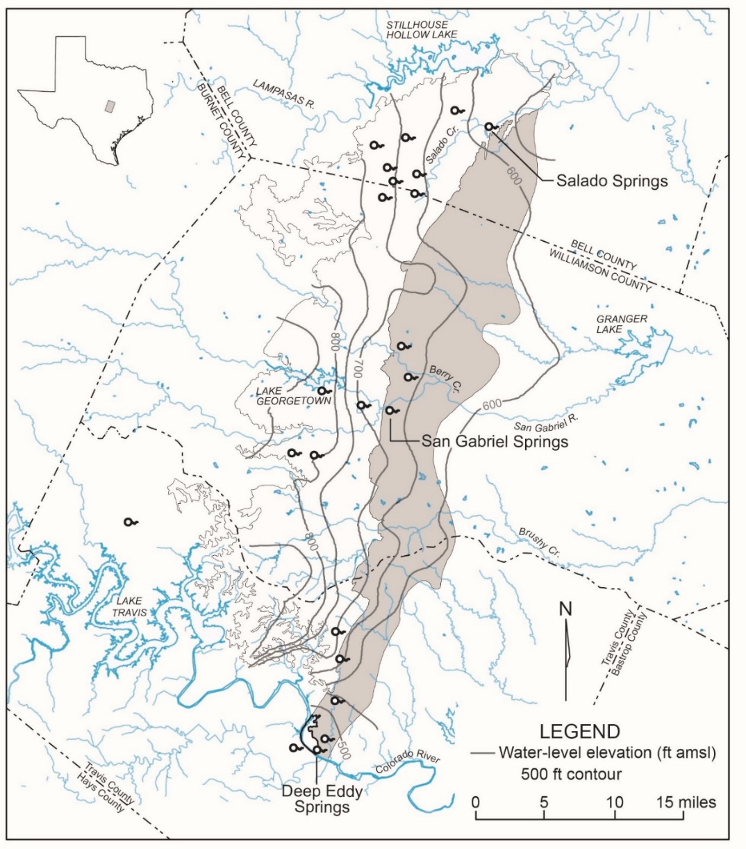 Map illustrating steady-state water-level elevations for the Northern segment flow system showing major springs