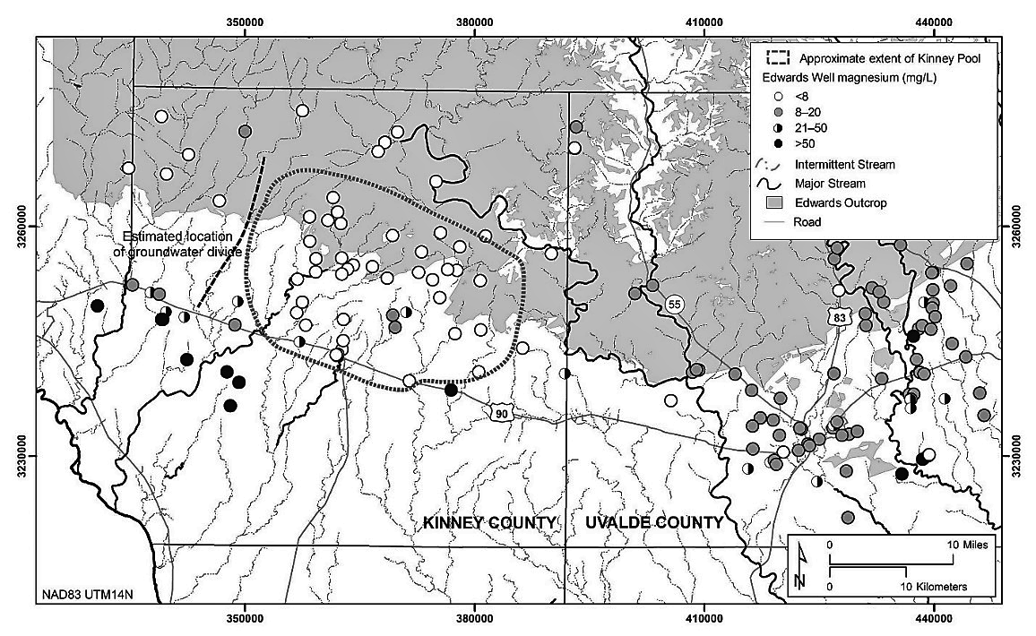 Map illustrating the approximate location of the Kinney Pool and measured concentrations of magnesium in Edwards Aquifer wells